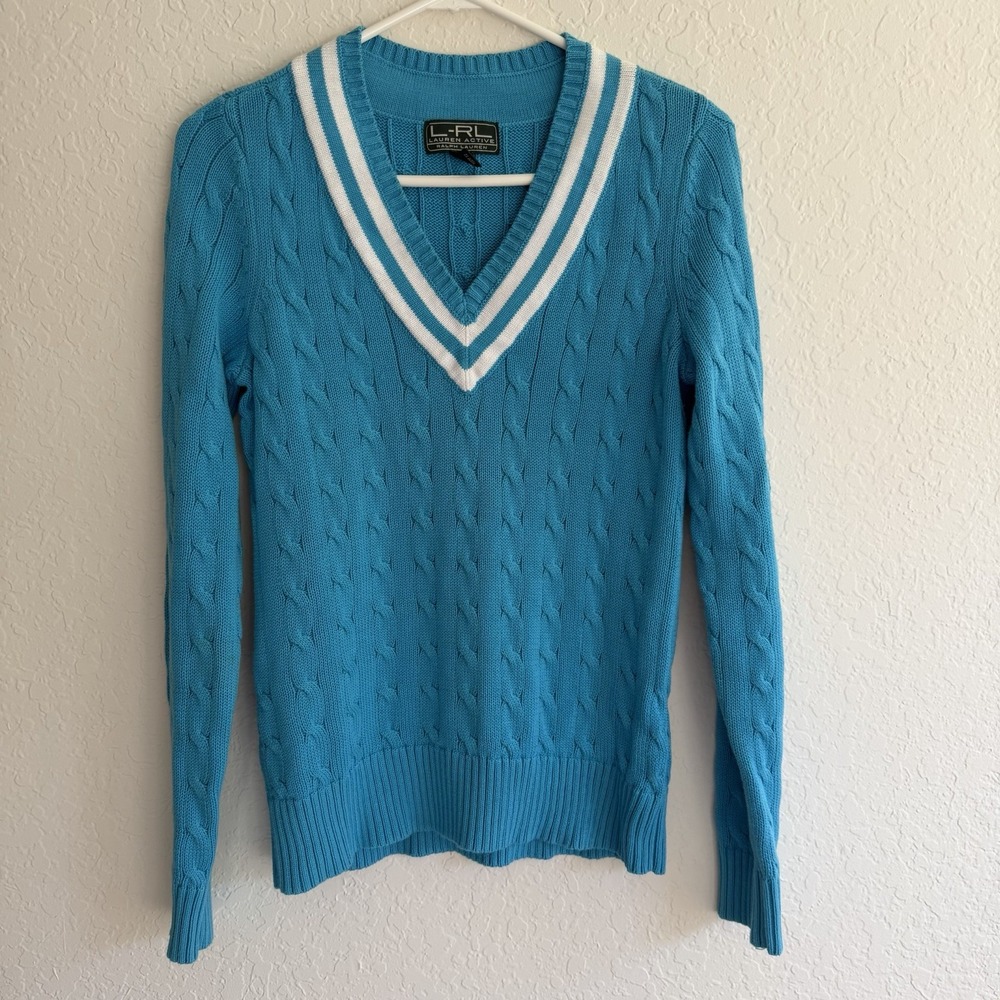 Polo Ralph Lauren Sweater Womens Small Cable Knit V neck Blue Tennis Preppy Golf
